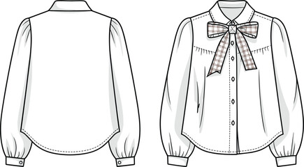 CAD drawing flat vector illustration of pleated blouse, bow tie neckline, long sleeves, button-down design, elegant fashion garment layout