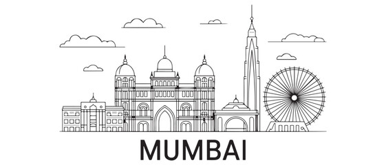Mumbai skyline landscape view of the city of Mumbai with characteristics of buildings and monuments in line vector art, BOMBAY city vector panoramic sketch. with white background