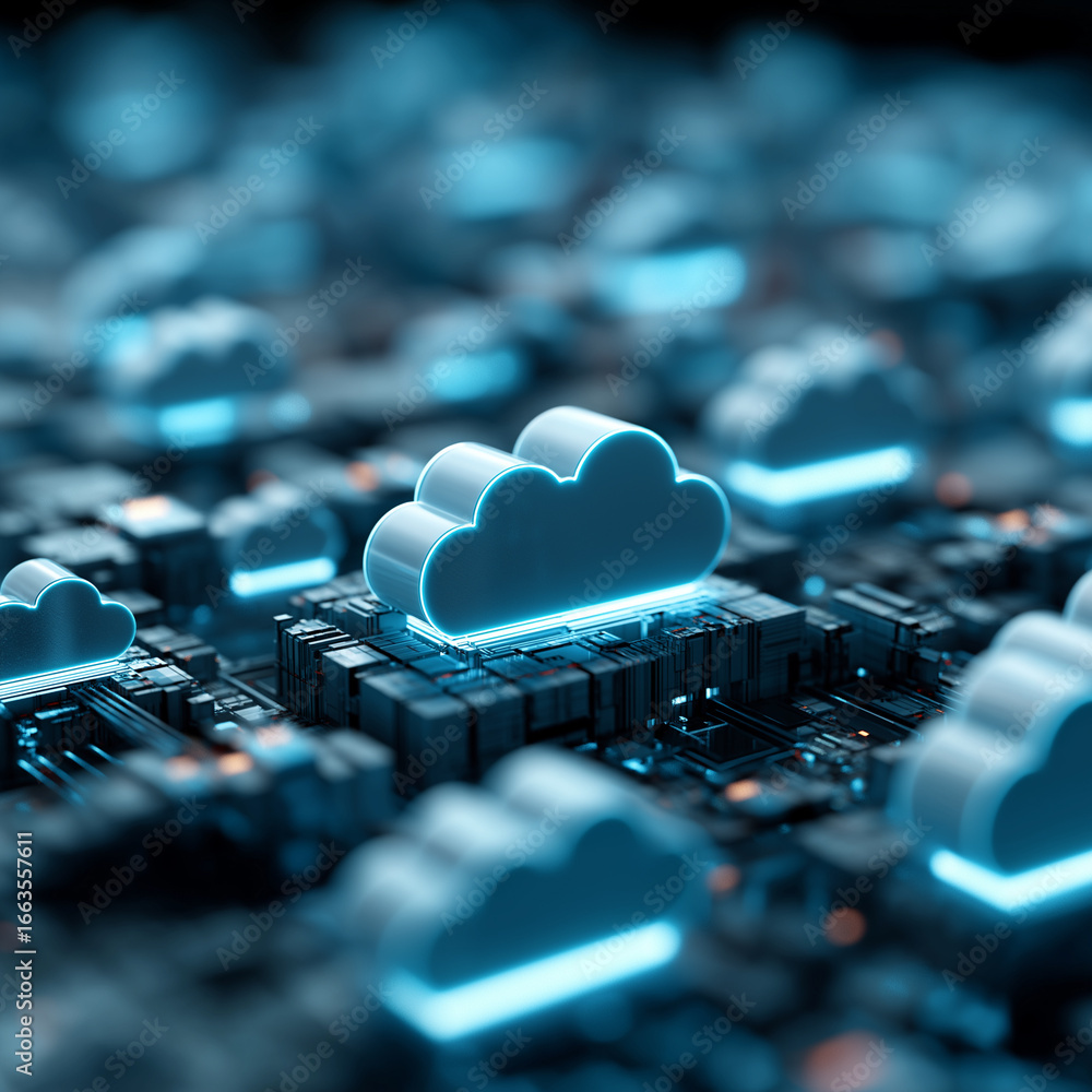 Poster cloud icon positioned atop intricate circuit board symbolizing technological data processing.