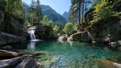Fototapeta premium Serene alpine pool, cascading waterfall