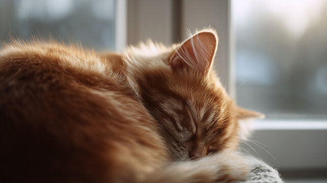 Peaceful closeup of a ginger cat curled up asleep near a window. Soft, warm light evokes feelings of comfort, tranquility, and relaxation. Ideal for wellness or pet care content. - Powered by Adobe
