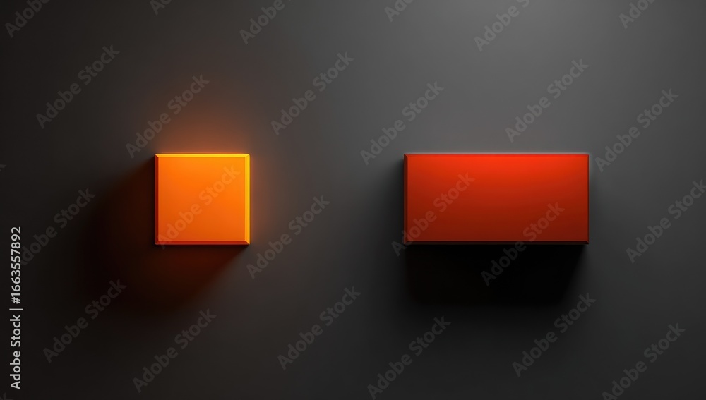 Poster two solid colored, rectangular blocks on a dark gray surface. a smaller orange block is on the left,