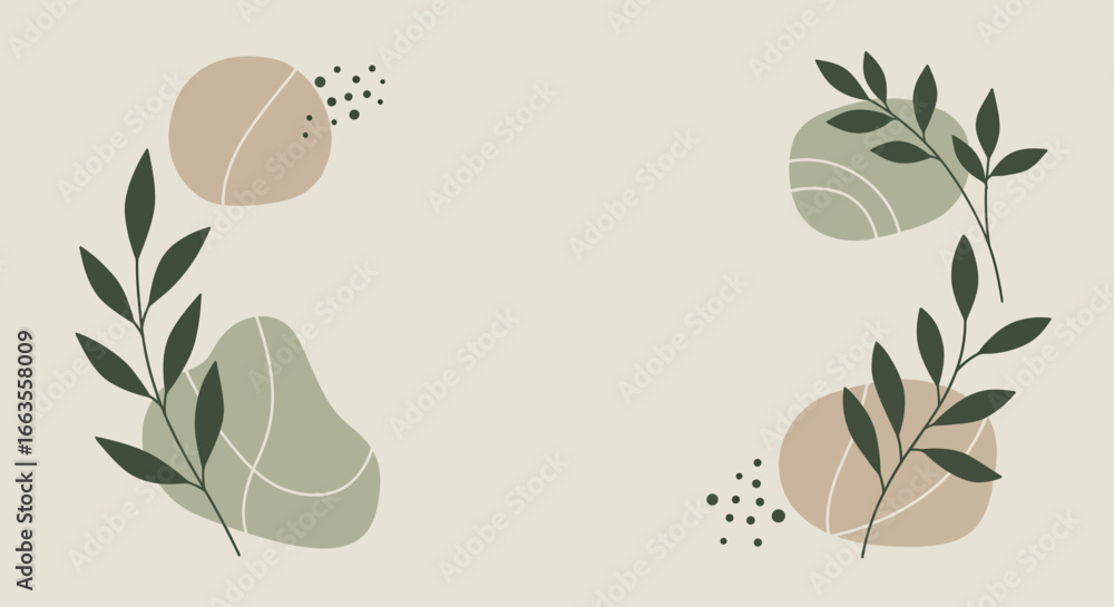 Poster elegant botanical frame with abstract shapes and leafy branches on beige background