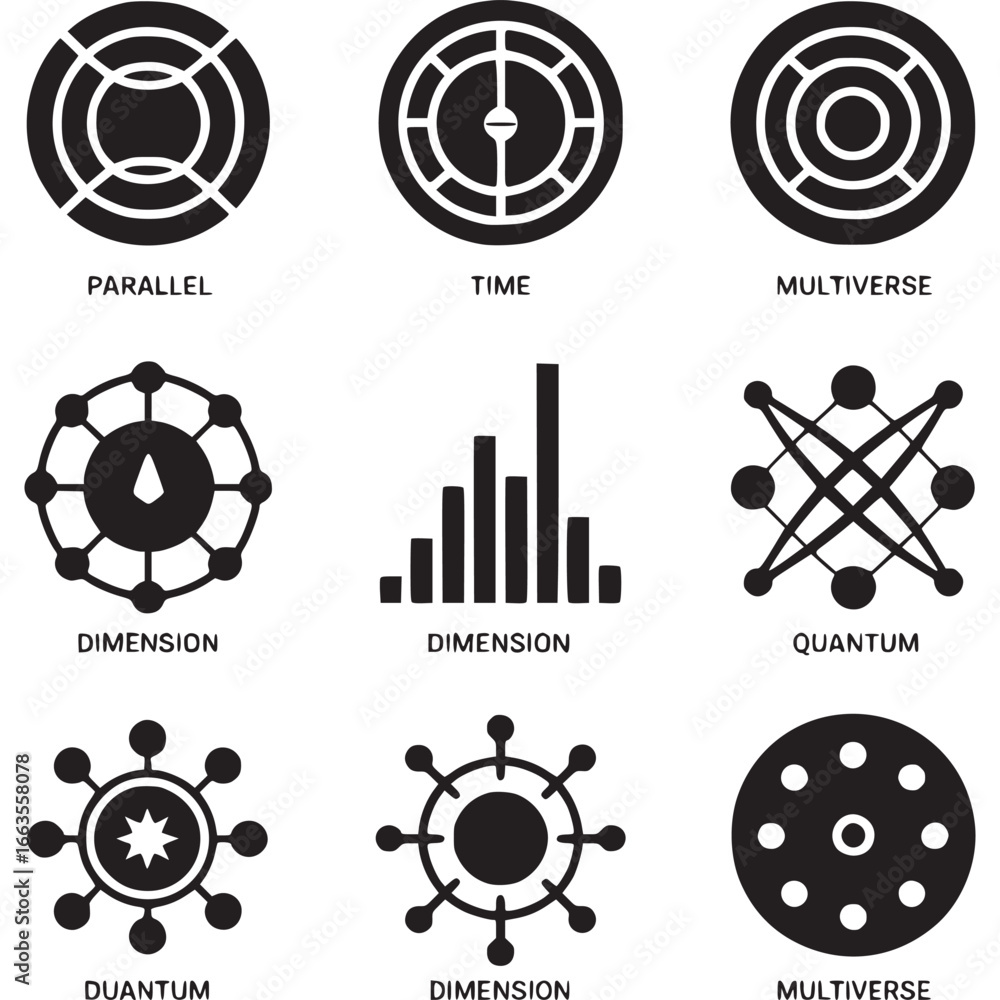 Poster art of abstract geometric icons representing scientific concepts like parallel universes, time, dime