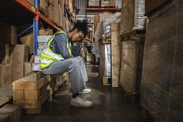 Tired stress young teen women worker labor rest in factory warehouse cargo inventory industry.