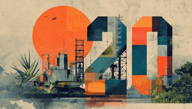 Year 2020 depicted with a collage-style graphic.  Industrial landscape with cityscape and sunrise