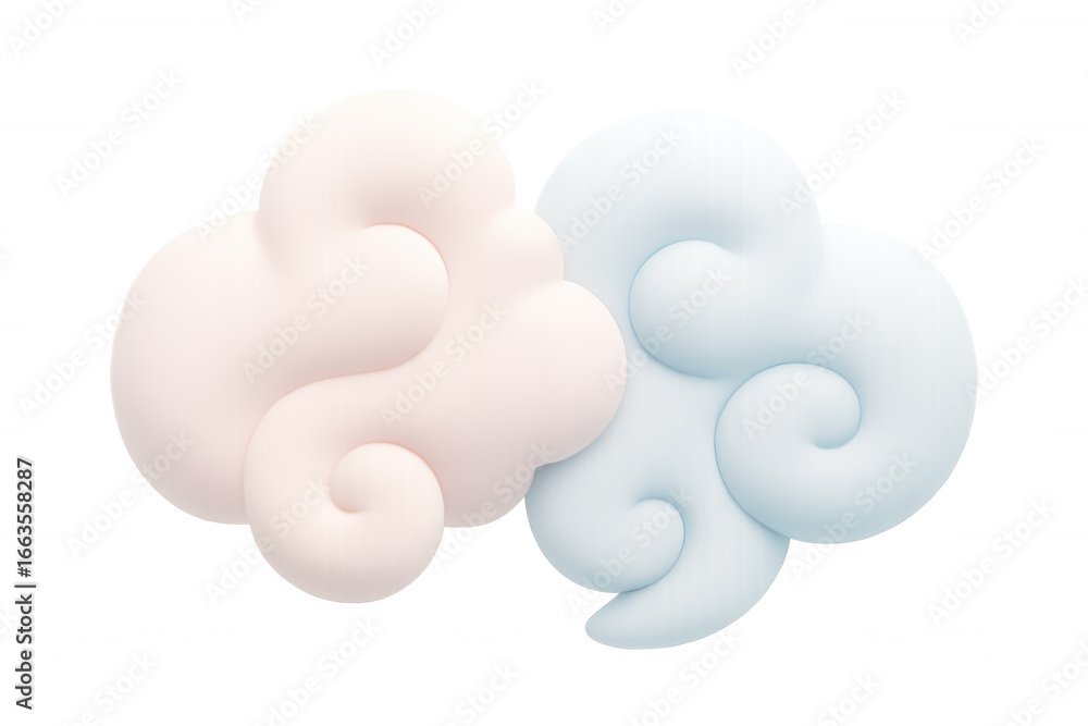 Poster 3d rendering of two pastel-colored cartoon clouds floating against a transparent background, adding 