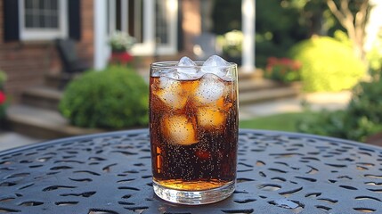 Iced cola fizzing bubbles and ice cubes in highball glass on outdoor summer table