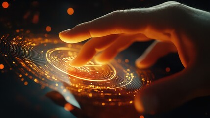 A hand interacting with a glowing digital interface displaying a stylized circular design element