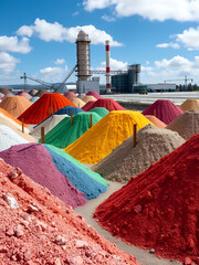 Colorful mineral piles near a processing plant