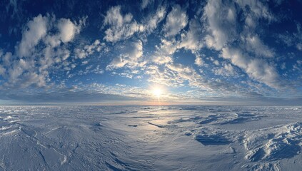 Panoramic view of a vast, icy landscape under a vibrant sky.
