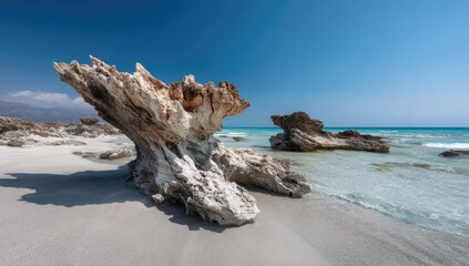 Coastal rock formations on a sandy beach. Azure water. Sunny day