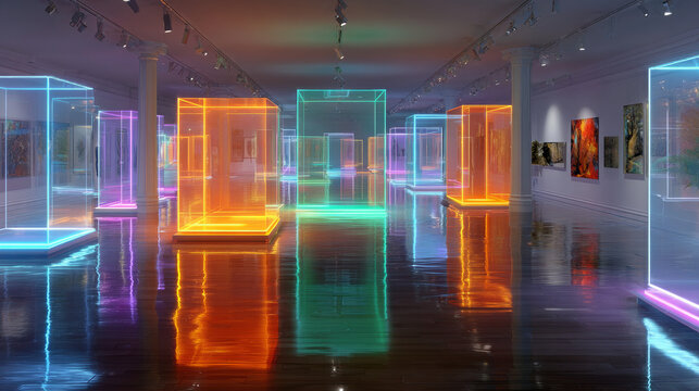 3d rendering. HDRI environment map. 360 degree spherical seamless vr panorama. Abstract empty t interior with abstract rectangular decorative elements with neon lighting.