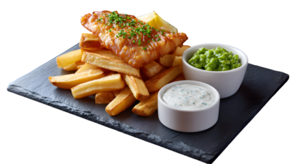 Classic British fish and chips, with crispy battered fish, thick-cut fries, mushy peas, and tartar sauce. An isolated shot, perfect for a pub menu.