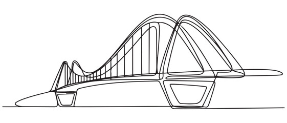 One continuous line drawing of bridge design illustration. Bridge architecht in simple linear style. Construction design concept. Vector illustration. with white background