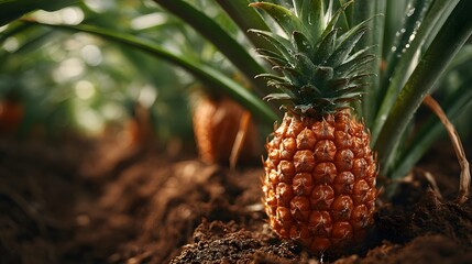 Close-up of ripe pineapples growing in a tropical plantation on fertile soil