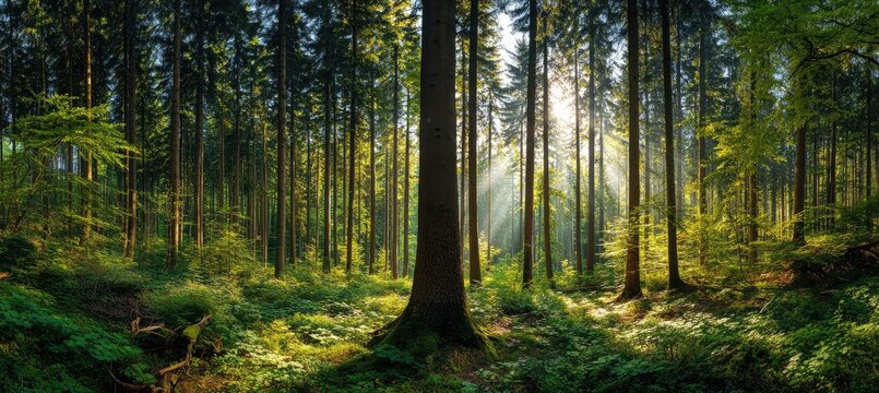 Sunlight streams through a dense forest of tall trees - Powered by Adobe
