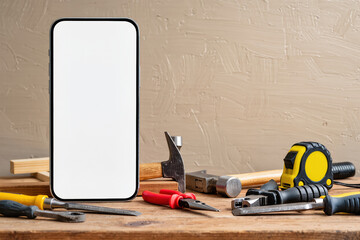 Advertising frame surrounded by carpenter equipment and repair instruments offering communication field for construction services branding DIY campaigns and marketing visuals