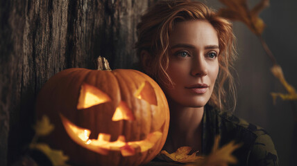 Beautiful young woman standing under a tree in a mysterious autumn forest. Jack-o-lantern in the foreground.