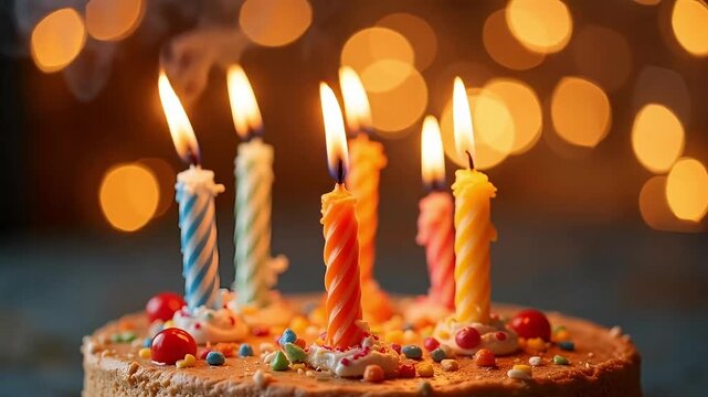 Warm celebration glow as birthday candles flicker with festive bokeh lights creating happy memories