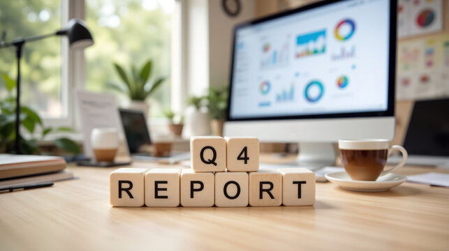 Quarter four business report with detailed financial charts, pie diagrams and performance analytics displayed on computer screen in modern office workspace with coffee cup and papers on desk