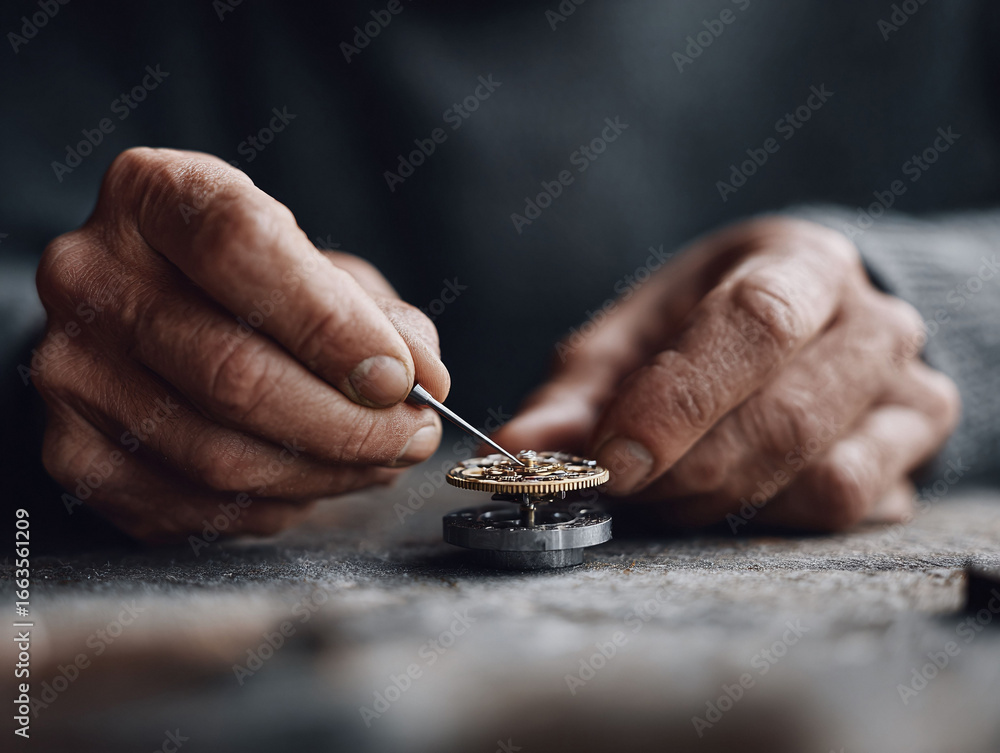 Poster precision work. a watchmaker carefully assembling the intricate gears of a timepiece. symbolizes cra