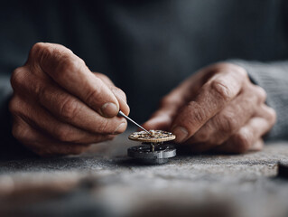 Precision work. A watchmaker carefully assembling the intricate gears of a timepiece. Symbolizes craftsmanship, detail, skill, and legacy. Ideal for finance, luxury, and horology themes.