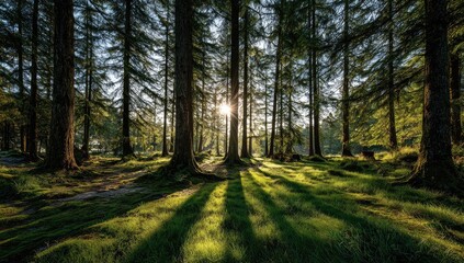 Sunlight streams through a dense conifer forest