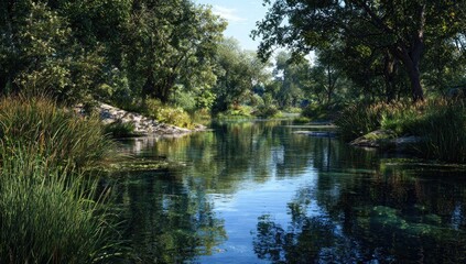 Obraz premium Serene woodland stream reflecting a sky. Lush greenery lines a calm river, mirroring the trees and foliage. Sunlight filters through the leaves, creating dappled light on the water