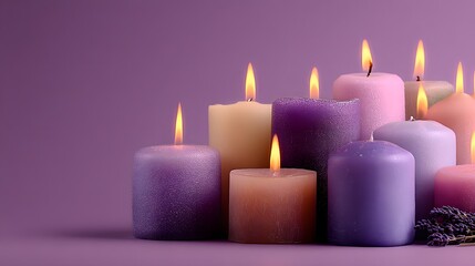 Romantic scene with lit candles in various pastel colors against a lilac backdrop