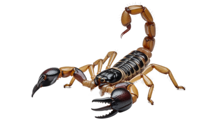 Intimidating scorpion with raised claws and segmented tail on a clean white background