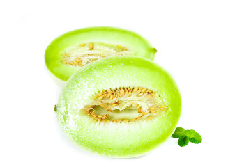 Fresh Green Jade Melon Slices Cut in Half Displaying Seeds on White Background