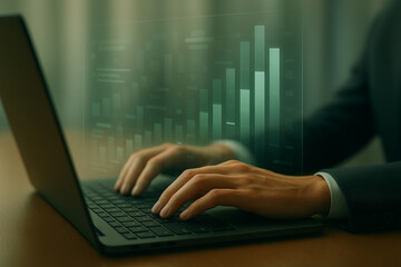 Hands typing on laptop with futuristic financial growth chart overlay for business analysis