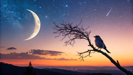 Bird on a Branch Under Starry Sky