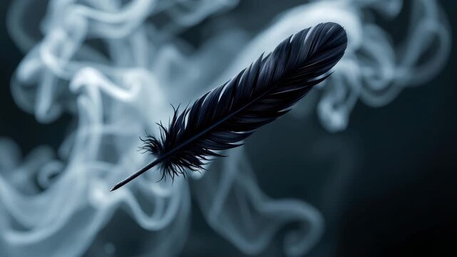 Mystical Black Feather: An isolated black feather floats gracefully amidst a swirling cloud of wispy smoke, creating a captivating image of ethereal beauty and enigmatic allure. 