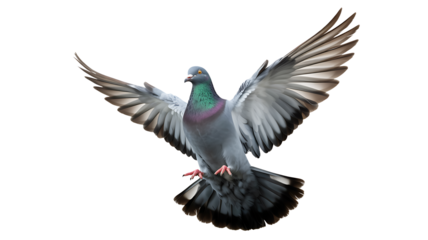 A single pigeon in mid-flight with wings spread wide against a clean white background.