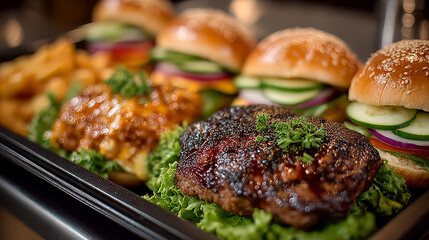 Catering. Off-site food. Buffet table with various canapes, sandwiches, hamburgers and snacks. 