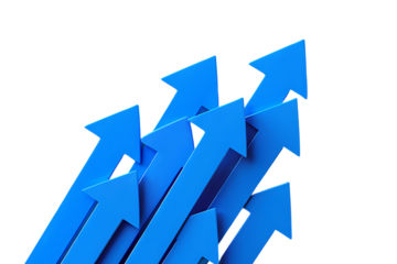 Blue 3d growth arrow graph isolated on png background with construction crane building concept or business success growing up investment finance and increase sale value economy price market chart.