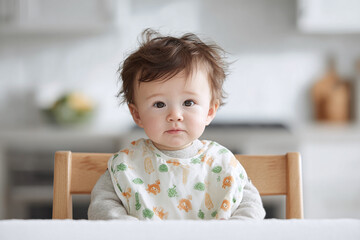 Fototapeta premium Adorable baby with a bib sits at the table, gazing intently. Captures innocence, childhood, and early stages of development. Ideal for parenting blogs or baby product ads.