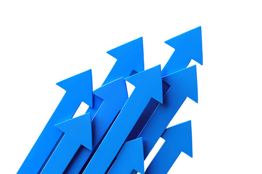 Blue 3d growth arrow graph isolated on png background with construction crane building concept or business success growing up investment finance and increase sale value economy price market chart.