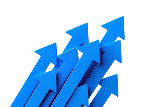 Blue 3d growth arrow graph isolated on png background with construction crane building concept or business success growing up investment finance and increase sale value economy price market chart.