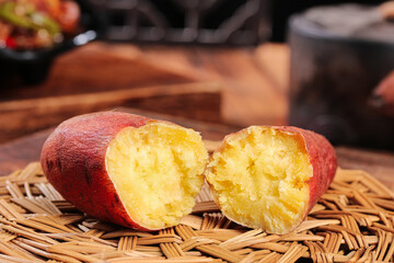 Fresh Roasted Sweet Potato Halves on Wicker Basket - Healthy Root Vegetable Close-up