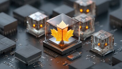 A glowing orange maple leaf encased in a glass cube, positioned on a circuit board.  Surrounding cubes emit a similar light
