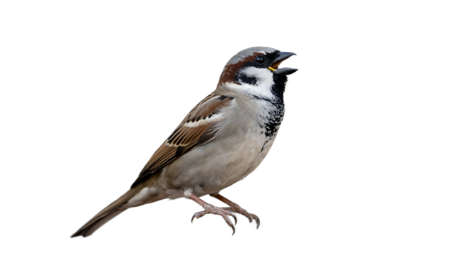 A small sparrow sings on a white background, its beak open in song.