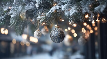 Winter Christmas Decorations Snowy Fir Branches Golden Lights Holiday Bokeh Background