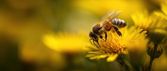 The busy bee pollinating bright yellow flowers in a vibrant garden setting.