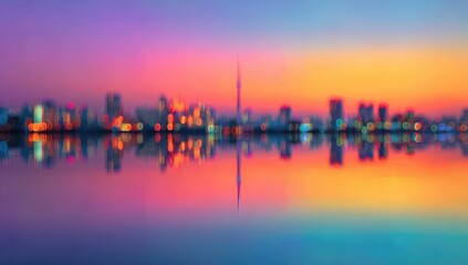 Fototapeta premium Blurry cityscape at sunset reflected in water