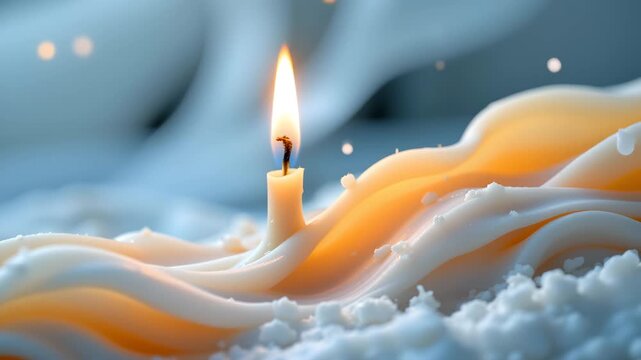 Illuminating Warmth: A serene, lit candle gently casts a warm, flickering glow, with soft, melted wax sculpted into delicate waves.