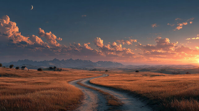 full seamless spherical hdri panorama 360 degrees angle view on asphalt road among fields in summer evening sunset with awesome clouds in equirectangular projection, ready for VR AR virtual reality