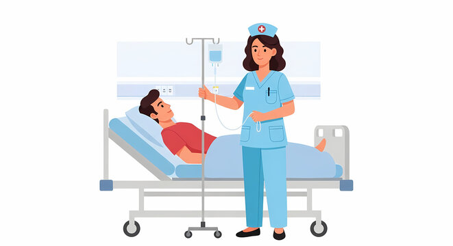 Nurse adjusting an IV drip for a male patient